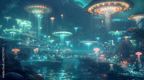 Beneath the waves of an alien ocean, a luminescent city glows with an ethereal brilliance. Bioengineered sea creatures glide through streets of coral and pearl, while iridescent jellyfish pulse with 