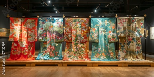 A display of colorful kimono robes with floral patterns. photo