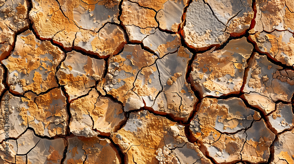 Closeup of cracked dry earth, top view