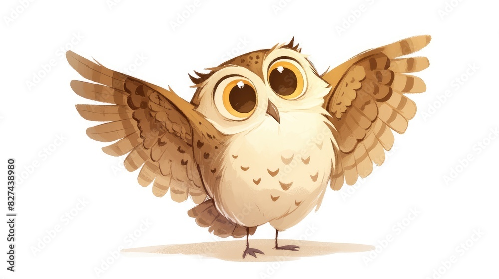 Obraz premium A charming cartoon owlet with brown and yellow feathers adorned with striped wings is depicted in a delightful colorless and whimsical style against a clean white background