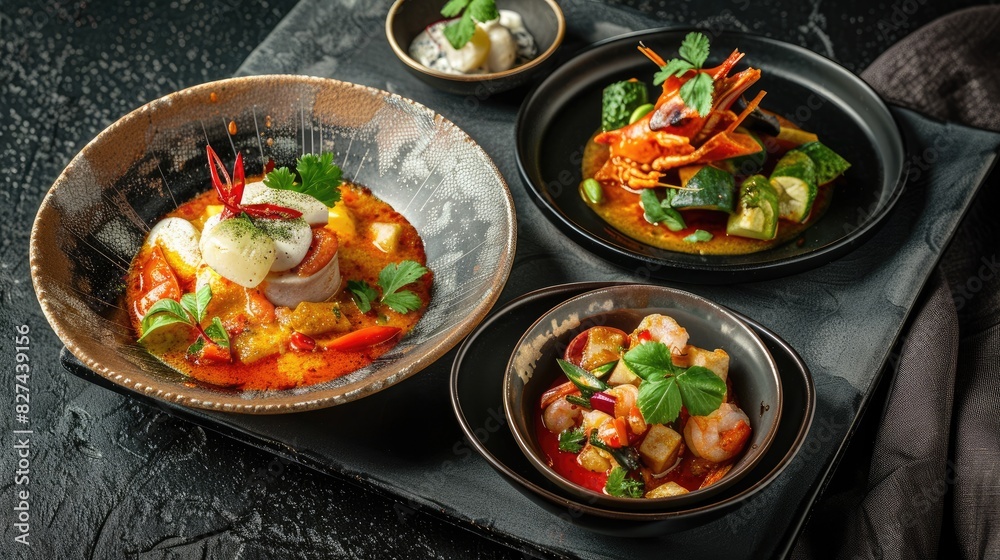 A beautifully plated dish of Phanaeng Curry on a rustic wooden table, garnished with sliced chili peppers and fresh cilantro, ready to be enjoyed A beautifully plated dish of Phanaeng Curry on a rustic wooden table, garnished with sliced chili peppers and fresh cilantro, ready to be enjoyed