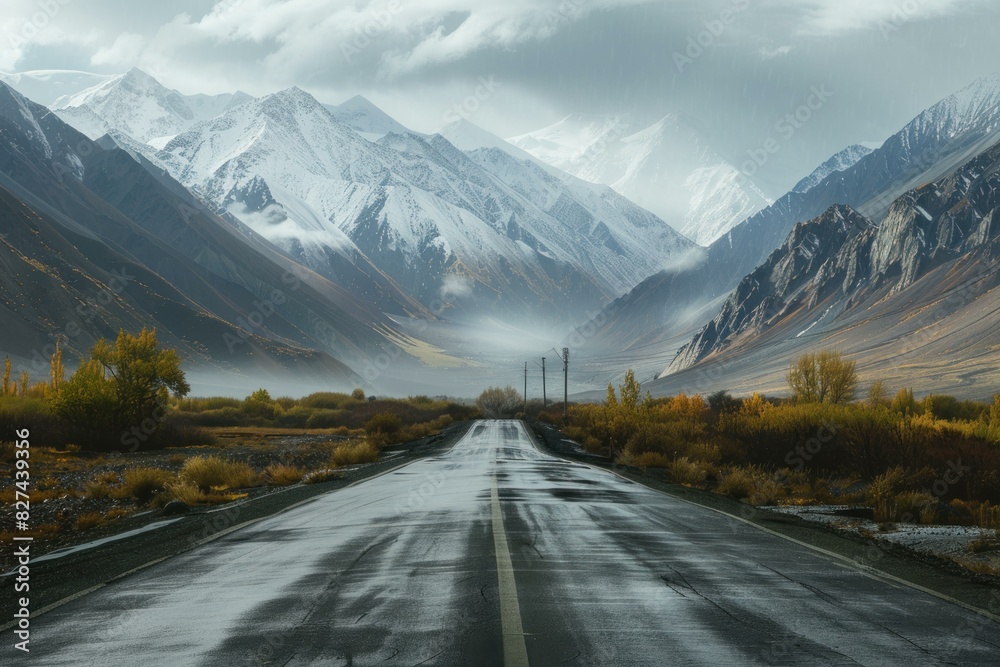 Fototapeta premium Wet, deserted road leading towards snowcapped mountains with dramatic clouds