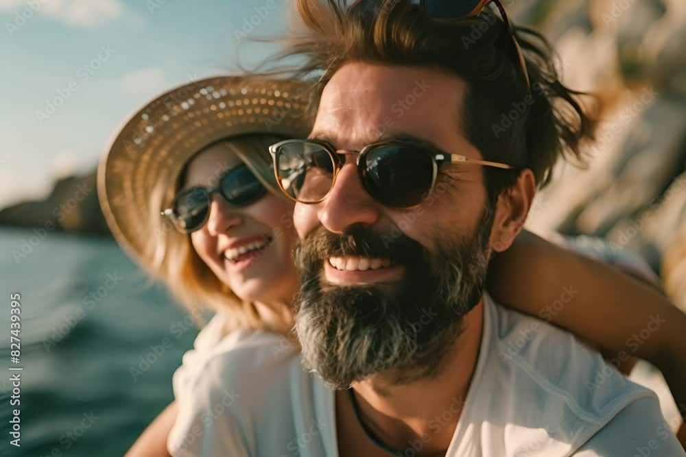 Two individuals in sunglasses and hats enjoy a boat ride on the water, taking in the scenery and sharing a moment of leisure Two individuals in sunglasses and hats enjoy a boat ride on the water, taking in the scenery and sharing a moment of leisure