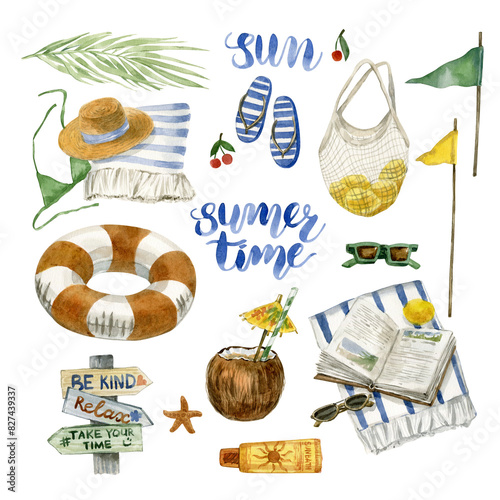 Watercolor painted summer elements set with beach elements, such as palm leaf, swimsuit, hat, sunglasses, towel, coctail, flipflops, sunscreen, and some beach entertainment. Use as design elements.