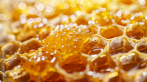 Macro shot of honeycomb structure, filled with honey photo