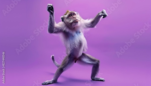 A purple background with a monkey on it. The monkey is dancing.