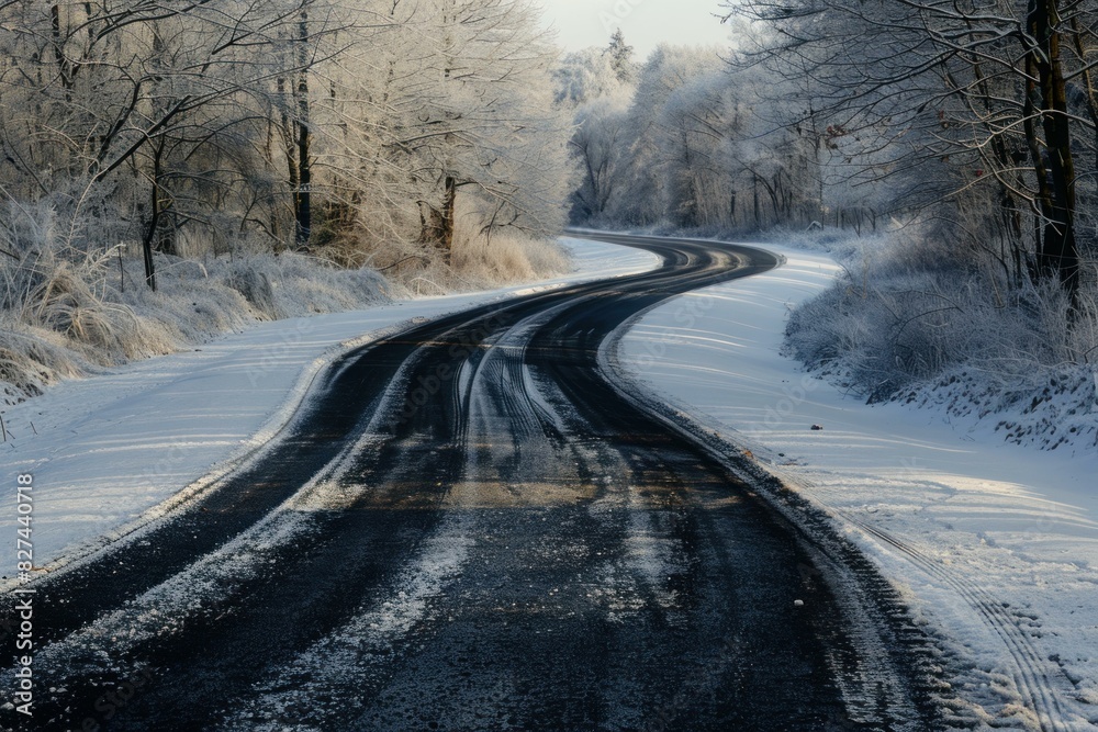 Scenic view of a curvy road meandering through a frosty forest landscape covered in snow Scenic view of a curvy road meandering through a frosty forest landscape covered in snow