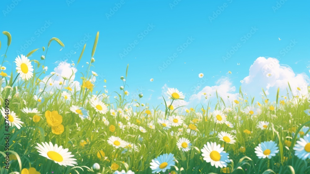 Lush green meadow and daisies under a vibrant blue sky with fluffy ...