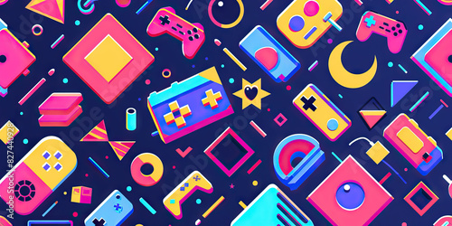 Pixel Play: Pixel art-inspired pattern with simple shapes and bright colors, reminiscent of retro video games