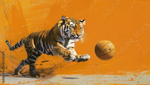 A tiger is playing basketball. The background is orange. The tiger is in mid-air, and it looks like it is about to score a basket. photo