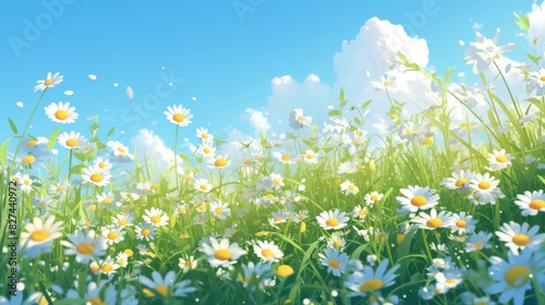 Lush green meadow and daisies under a vibrant blue sky with fluffy white clouds illustration background