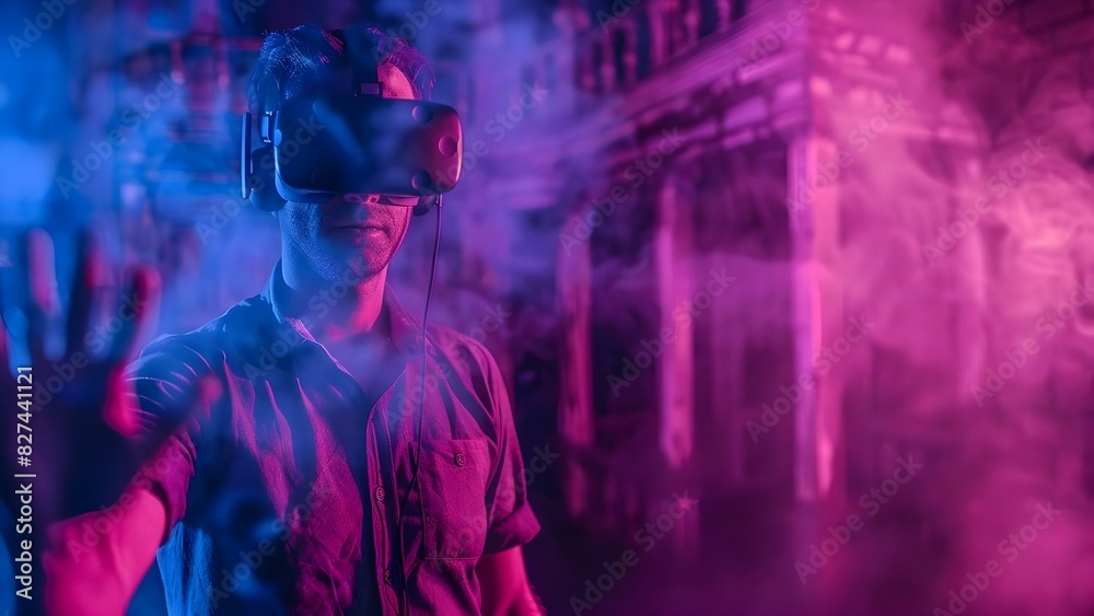 Exploring a haunted mansion in VR, a gamer shivers at every creak. Concept Virtual Reality, Haunted Mansion, Gamer, Shivers, Exploration Exploring a haunted mansion in VR, a gamer shivers at every creak. Concept Virtual Reality, Haunted Mansion, Gamer, Shivers, Exploration