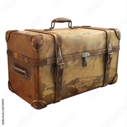 Vintage leather suitcase with worn-out texture, metal clasps, and handles. Perfect for travel or as a nostalgic decorative piece.