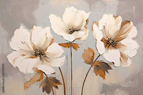 Wallpaper in boho style. Vintage illustration with white flowers with golden lines on a light brown background...