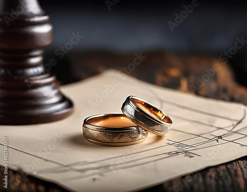 wedding rings on a old sheet of paper on an vintage wooden table