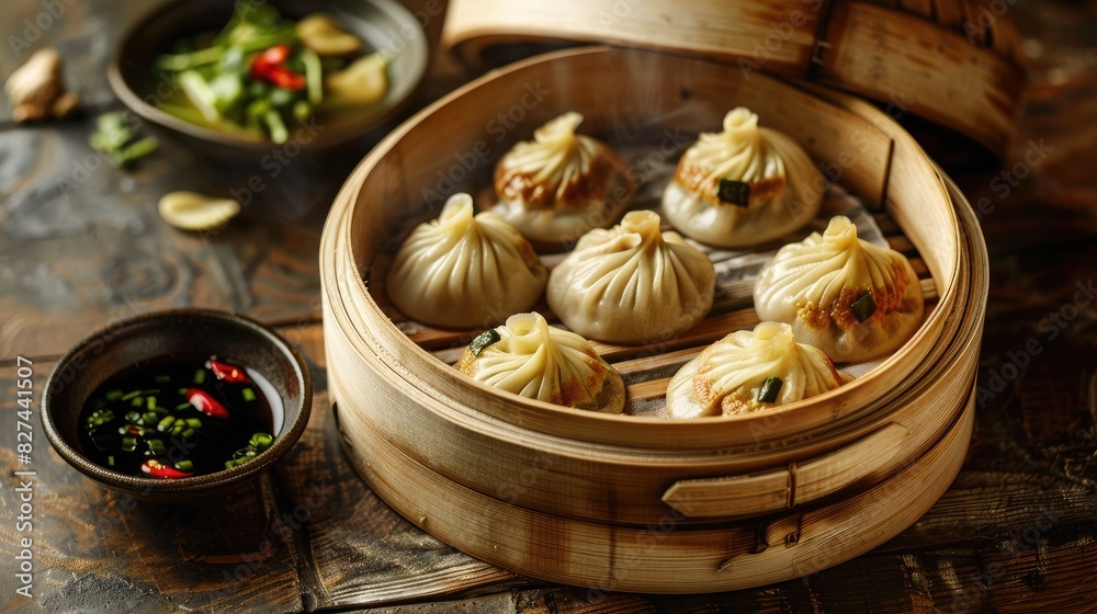A steaming bamboo basket opened to reveal hot tangbao dumplings, with steam rising and a dipping sauce of vinegar and ginger on the side A steaming bamboo basket opened to reveal hot tangbao dumplings, with steam rising and a dipping sauce of vinegar and ginger on the side