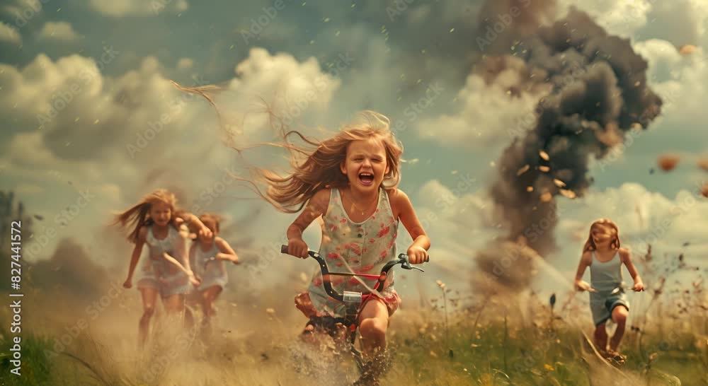 A group of frightened children run away from explosions in horror.