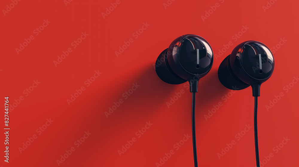 black in ear headphones against red background with copy space for text black in ear headphones against red background with copy space for text