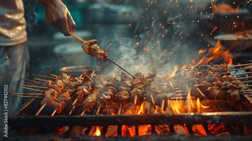 Grill master cooking delicious skewered meat over open flames at a bustling outdoor barbecue, with smoke and fire creating a lively ambience. photo