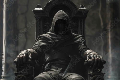 Hooded character in a dark cloak sits on an ornate throne, emanating a sense of power and secrecy photo