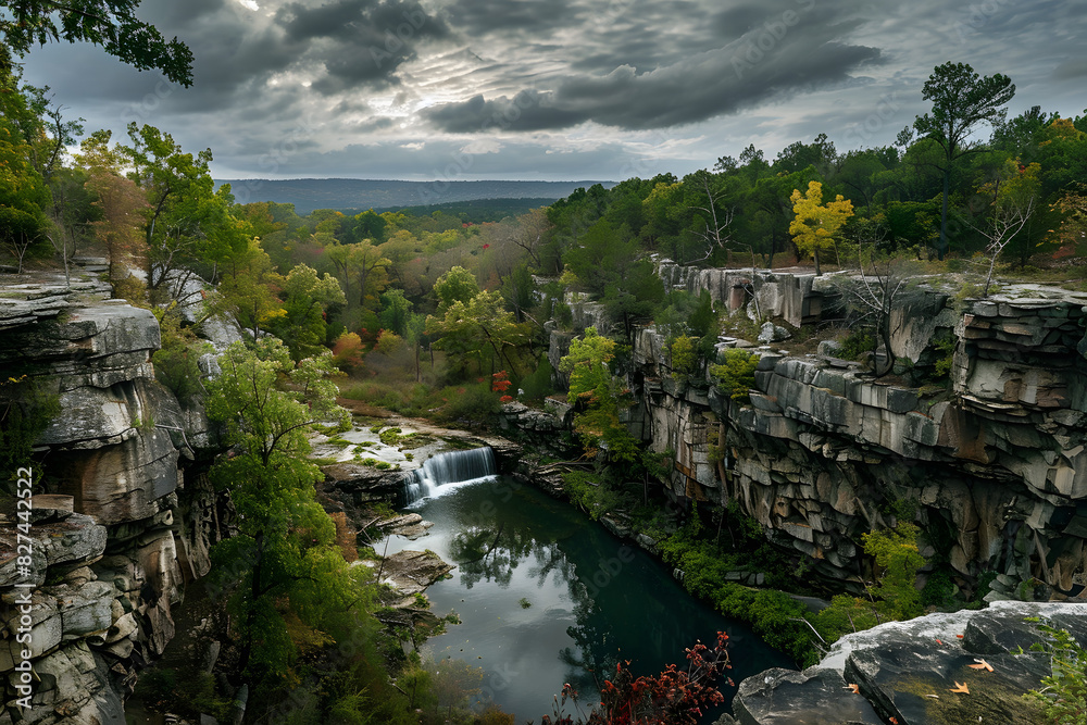 Fototapeta premium Paisaje de bosque rocoso con un rio con cascada atravesándolo.