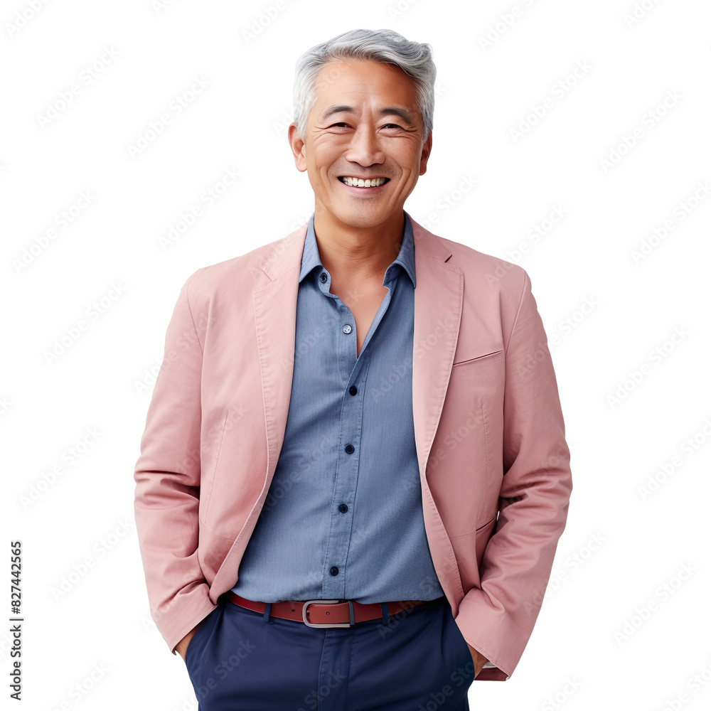 Front view mid shot of a 60-year-old handsome Asian man dressed in a muted indigo blazer over a pale pink dress shirt and khaki trousers, smiling on a white transparent background Front view mid shot of a 60-year-old handsome Asian man dressed in a muted indigo blazer over a pale pink dress shirt and khaki trousers, smiling on a white transparent background