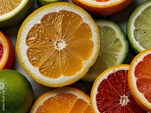 Vibrant Citrus Halves Close-up Showcase of Juicy Lemons, Limes, and Oranges on White Background