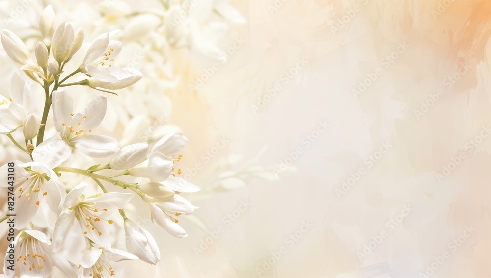 Jasmine on delicate gradient background with copy space, Beautiful banner design for Mother’s Day, Valentine or Birthday Jasmine on delicate gradient background with copy space, Beautiful banner design for Mother’s Day, Valentine or Birthday