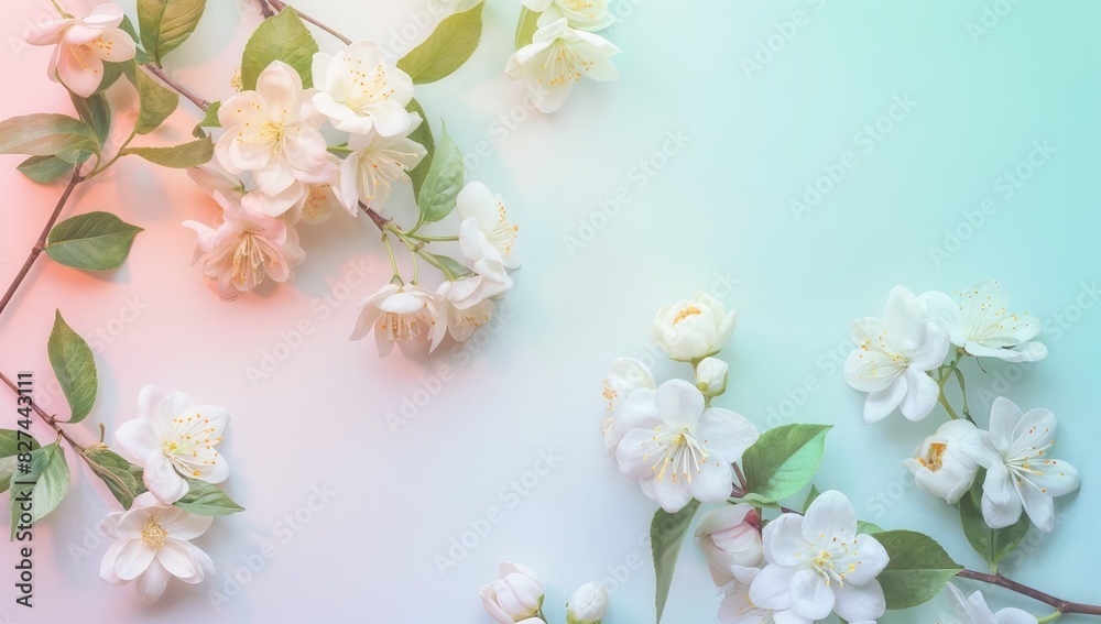 Jasmine on delicate gradient background with copy space, Beautiful banner design for Mother’s Day, Valentine or Birthday Jasmine on delicate gradient background with copy space, Beautiful banner design for Mother’s Day, Valentine or Birthday