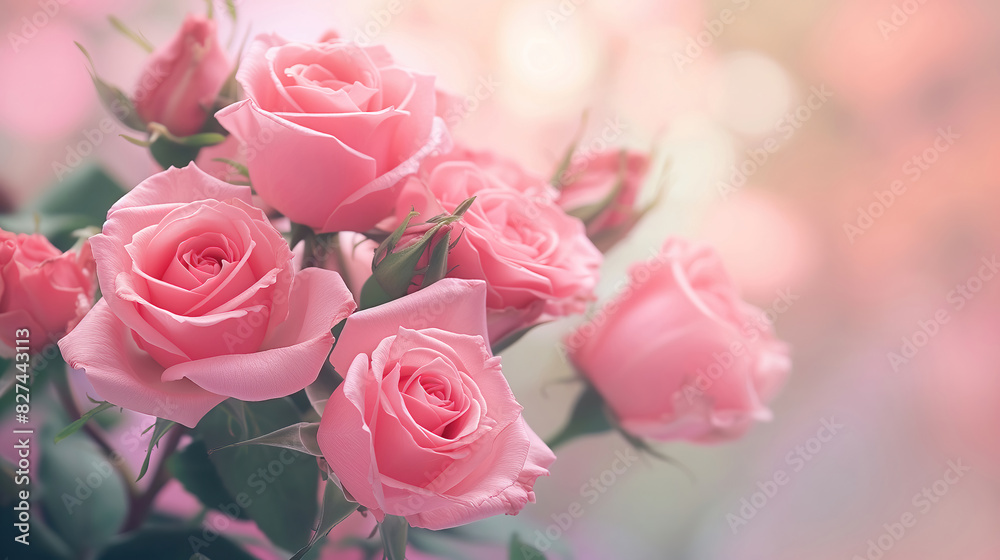 Pink roses background, many light pink flowers on a blurred background. Pink roses background, many light pink flowers on a blurred background.