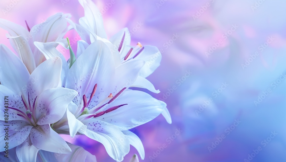 Lilies on soft blue and purple gradient background with copy space, Beautiful banner design for Motherâ€™s Day, Valentine or Birthday