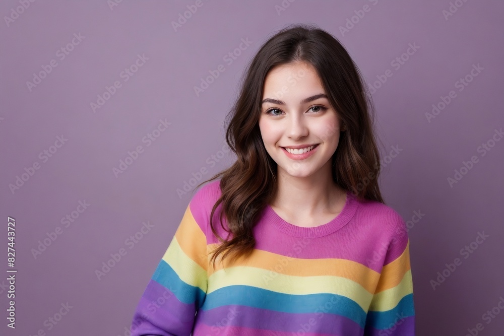 Cute young woman wearing a rainbow sweater, smiling and looking at the camera, standing on a purple background with copy space. Cute young woman wearing a rainbow sweater, smiling and looking at the camera, standing on a purple background with copy space.