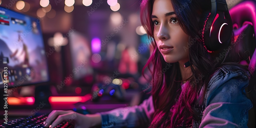 Woman playing video games online using keyboard in a gaming setup. Concept Gaming, Technology, Women in Gaming, Online Activities, Gaming Setup Woman playing video games online using keyboard in a gaming setup. Concept Gaming, Technology, Women in Gaming, Online Activities, Gaming Setup