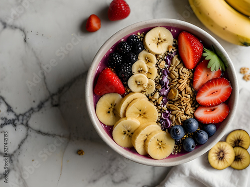 Delicious Acai Smoothie Bowl Top-Down View of Fresh Fruit and Superfoods on White Marble Countertop