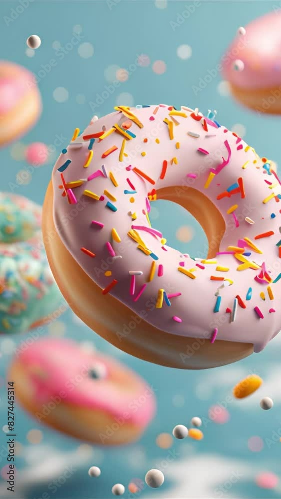 Illustration of Donuts with pastel glaze and colorful sprinkles flying through the air against a blue background Illustration of Donuts with pastel glaze and colorful sprinkles flying through the air against a blue background
