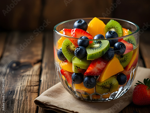 Delicious Fresh Fruit Salad with Strawberries, Blueberries, Kiwis, and Oranges in a Glass Bowl with Honey and Mint