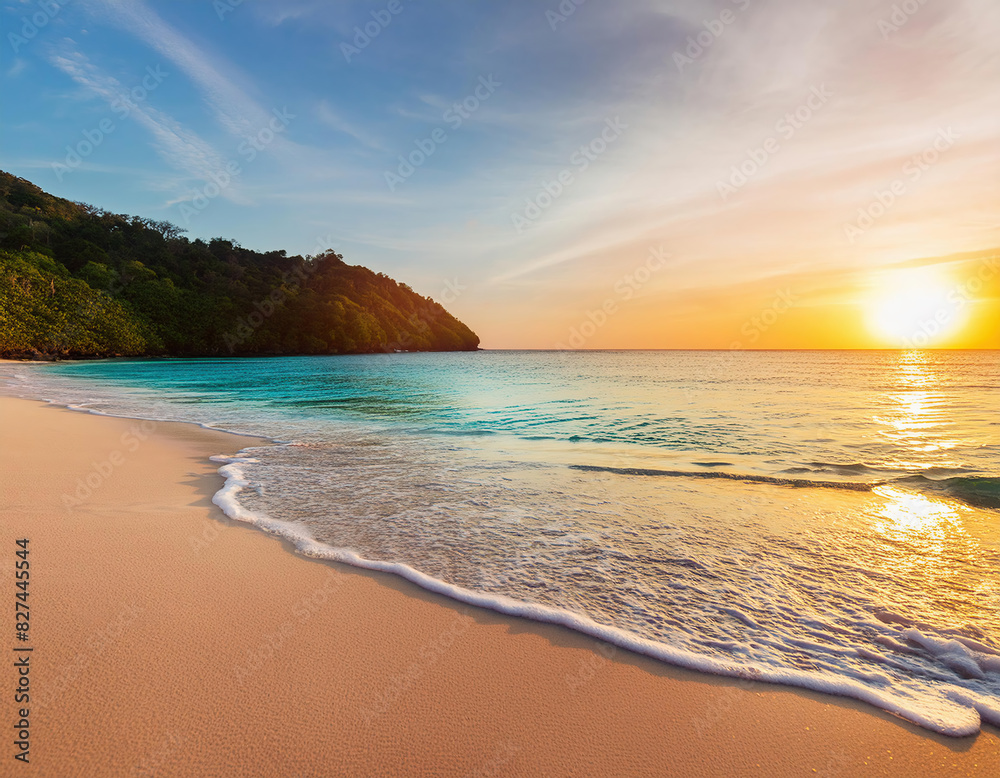 Panoramic view of a colorful paradise beach at sunset