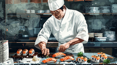 A man in a white chef's uniform is preparing sushi photo