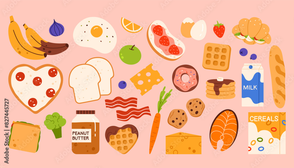 Breakfast food products set. Various tasty, nutritious meals to fresh ingredients collection. Grocery products for lunch. Vector illustration in cartoon style. Isolated on pink background Breakfast food products set. Various tasty, nutritious meals to fresh ingredients collection. Grocery products for lunch. Vector illustration in cartoon style. Isolated on pink background