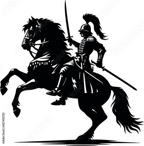 Majestic Silhouette of a Gallant Knight Charging on a Decorated Warhorse Vector Art design SVG Free Download