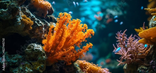 Orange coral in the aquarium. Underwater world. © Darcraft