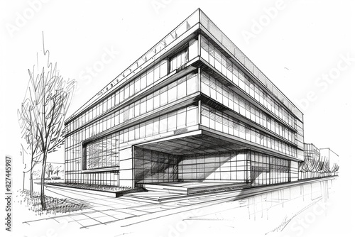 A detailed sketch of an office building, showcasing the architectural design with multiple floors and balconies. © SH Design