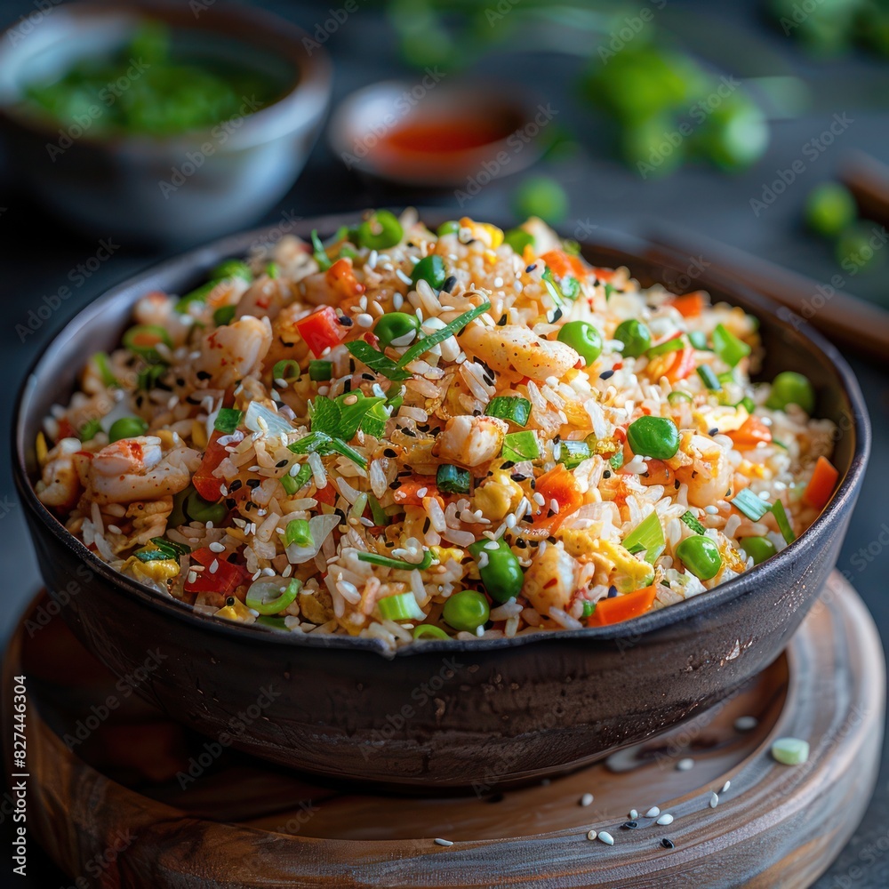 enjoy a tantalizing bowl of fried rice loaded with mixed vegetables, herbs, spices, garnished with basil leaves enjoy a tantalizing bowl of fried rice loaded with mixed vegetables, herbs, spices, garnished with basil leaves