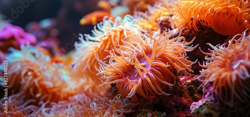 Orange coral in the aquarium. Underwater world.