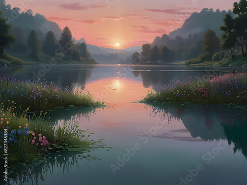 Discover Tranquility Stunning Landscape with Calm Lake, Emerald Hills, and Pastel Skies