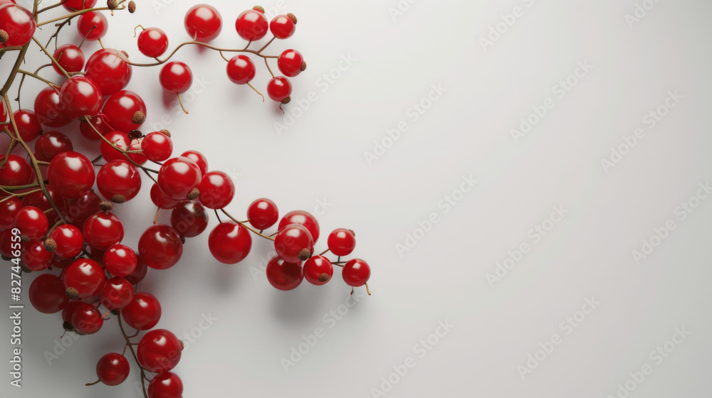 A bunch of bright red currants gracefully draping over a pristine white background, emphasizing their fresh and juicy appearance. A bunch of bright red currants gracefully draping over a pristine white background, emphasizing their fresh and juicy appearance.