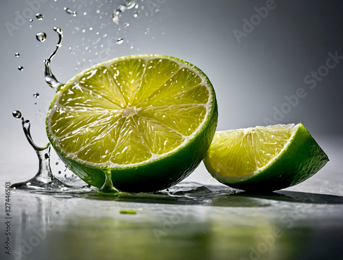 slicing a lime in slow motion, focusing on the knife cutting through the bright green skin and the juicy interior