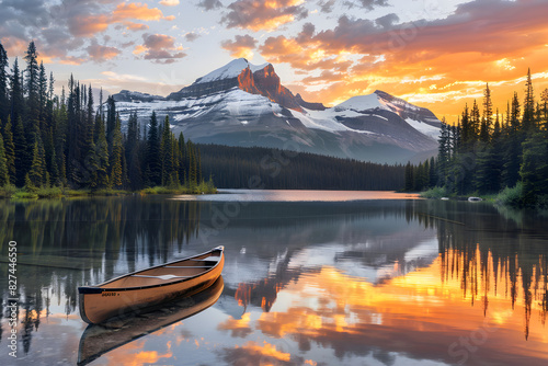 Sunrise Over a Tranquil Mountain Lake with Snow-Capped Peaks and Canoe