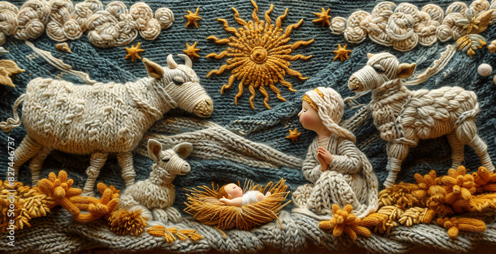 Naklejka premium Knitted Nativity scene. Christmas. Newborn Jesus Christ in a manger, Mary and animals. Christian religious illustration, Christmas border