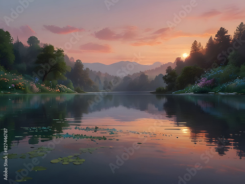 Discover Tranquility Stunning Landscape with Calm Lake, Emerald Hills, and Pastel Skies